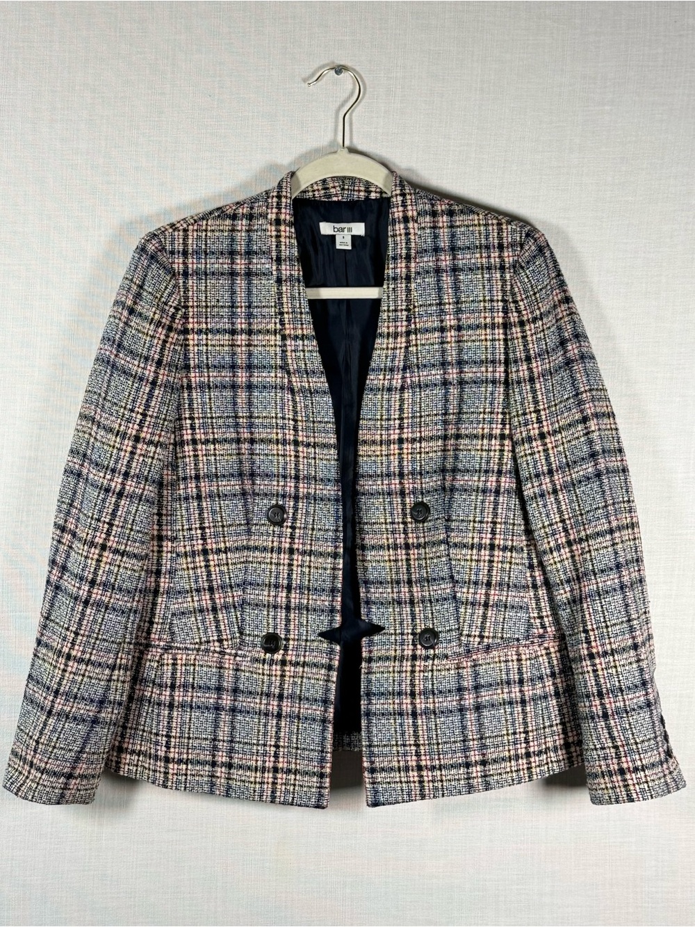 Bar III 2pc Plaid Tweed Blazer Faux Wrap Mini Skirt Suit Set 8 Career Wear
